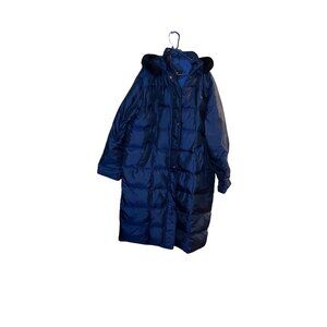 SM2 Womens XL down Hooded Puffer Coat With Faux Fur Trim In Navy Blue long